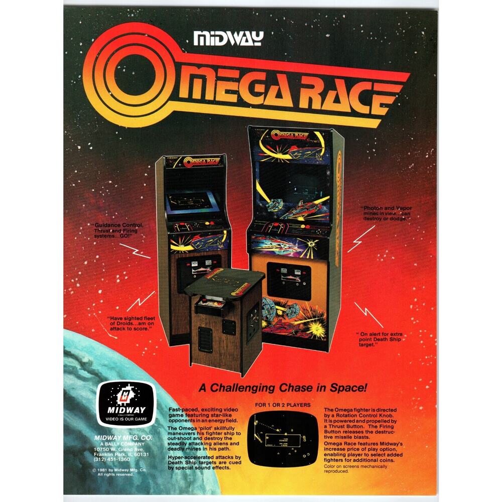 OMEGA RACE Arcade Video Game Flyer Original 1981 Retro Art 8.5" x 11" Two Sides